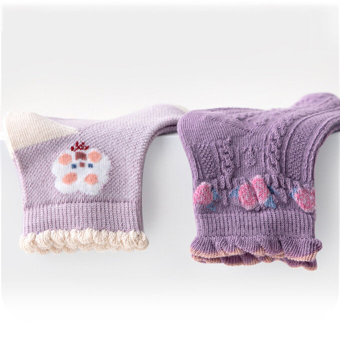 【腳ㄚ子】幼/兒童棉質中筒襪_溫柔紫花_ilbG004