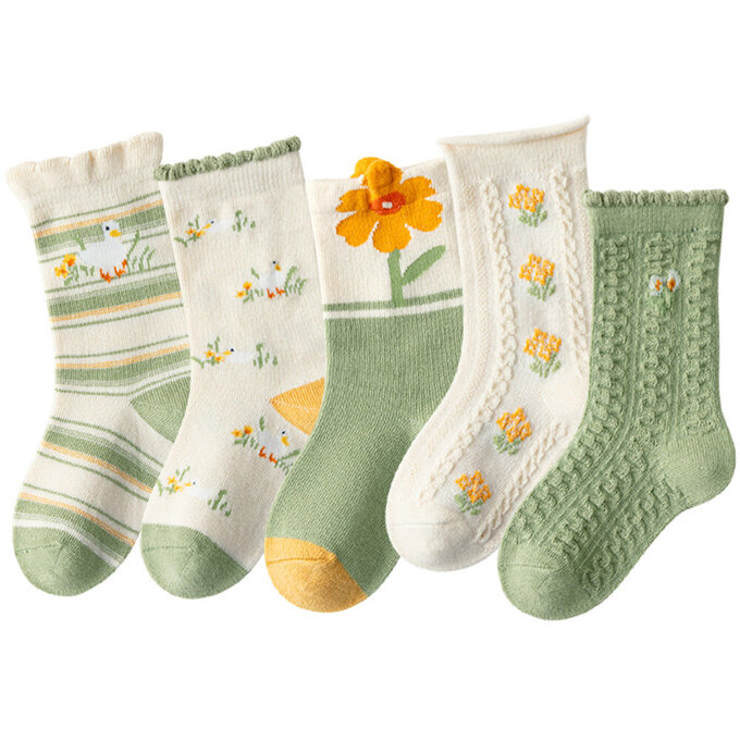 【腳ㄚ子】幼/兒童棉質中筒襪_綠草黃花_ilbG005