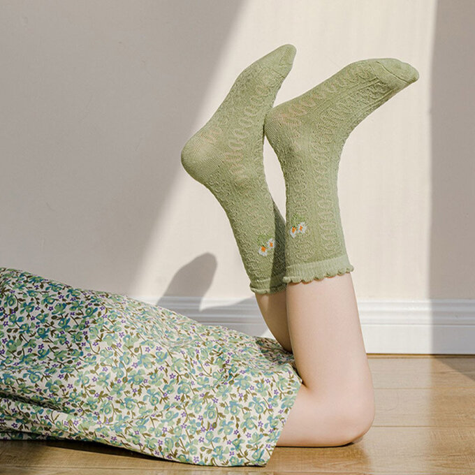 【腳ㄚ子】幼/兒童棉質中筒襪_綠草黃花_ilbG005