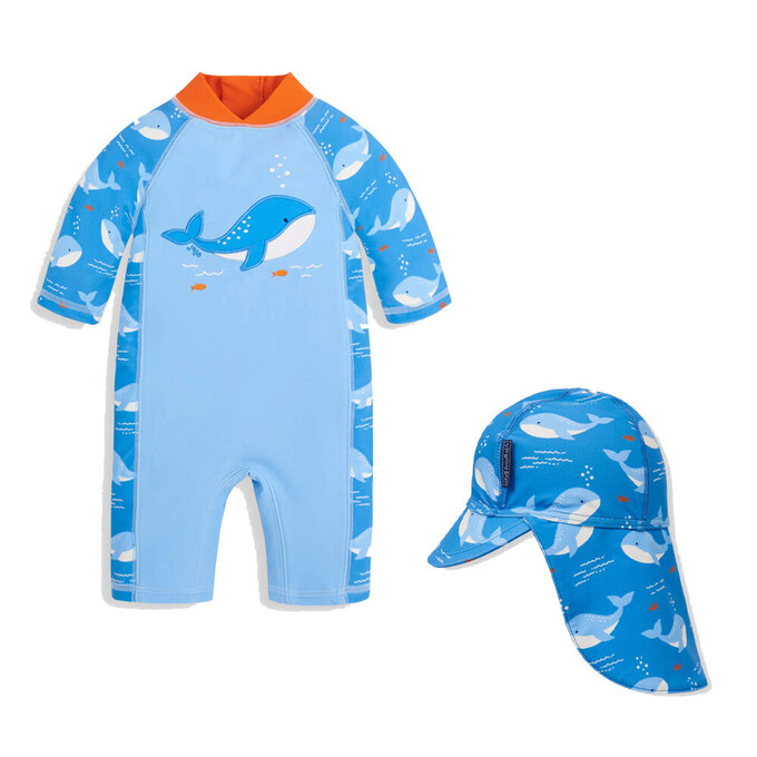 【超優惠套組】 英國 JoJo Maman BeBe 連身式泳裝+防曬護頸遮陽帽_JJB006