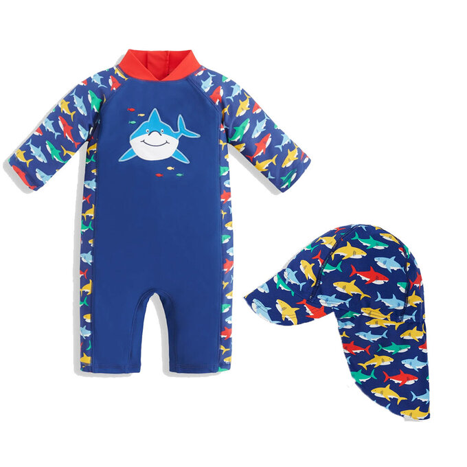 【超優惠套組】 英國 JoJo Maman BeBe 連身式泳裝+防曬護頸遮陽帽_JJB007