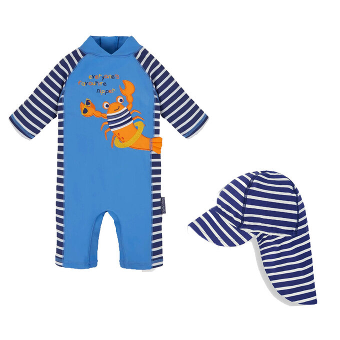 【超優惠套組】 英國 JoJo Maman BeBe 連身式泳裝+防曬護頸遮陽帽_JJB008