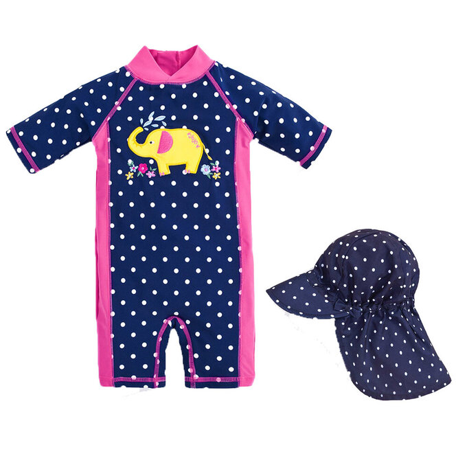 【超優惠套組】 英國 JoJo Maman BeBe 連身式泳裝+防曬護頸遮陽帽_JJG008