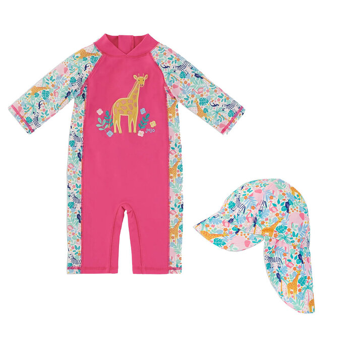 【超優惠套組】英國 JoJo Maman BeBe 連身式泳裝+防曬護頸遮陽帽_JJG009