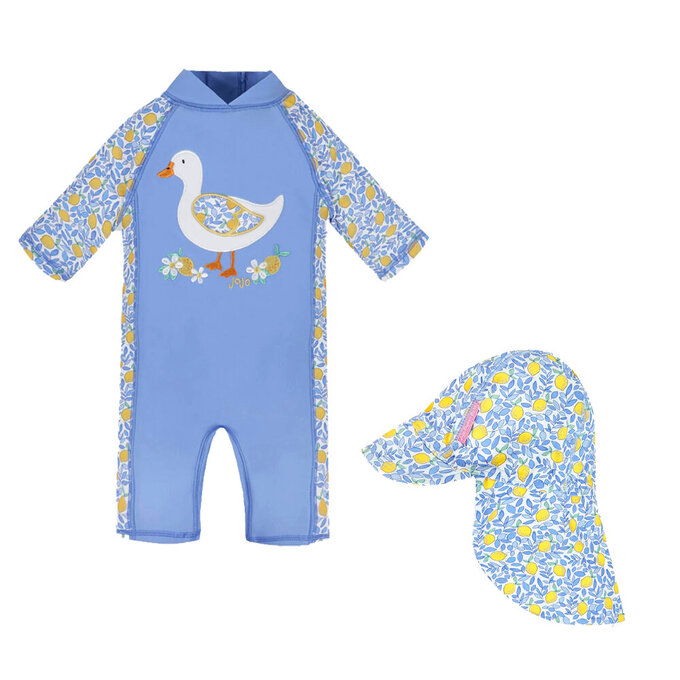 【超優惠套組】英國 JoJo Maman BeBe 連身式泳裝+防曬護頸遮陽帽_JJG010