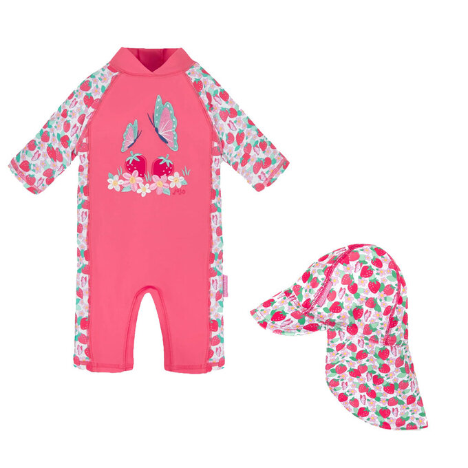 【超優惠套組】 英國 JoJo Maman BeBe 連身式泳裝+防曬護頸遮陽帽_JJG012