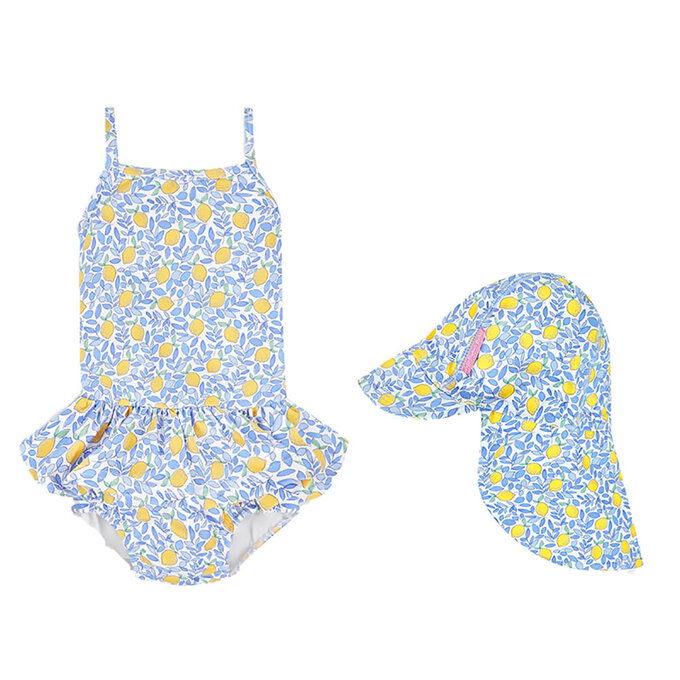 【超優惠套組】 英國 JoJo Maman BeBe 連身式泳裝(內有尿布褲)+防曬護頸遮陽帽_JJG016