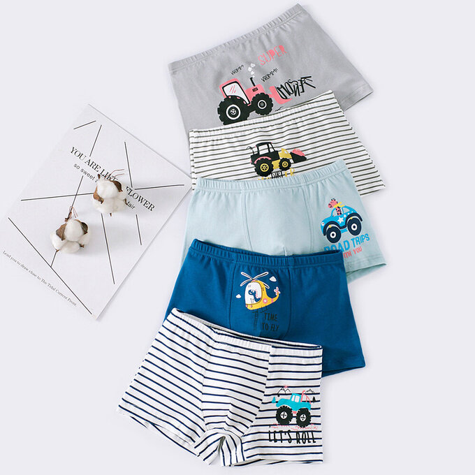 小pipi_純棉兒童四角平口內褲5件組_男童_動物汽車_PB5008