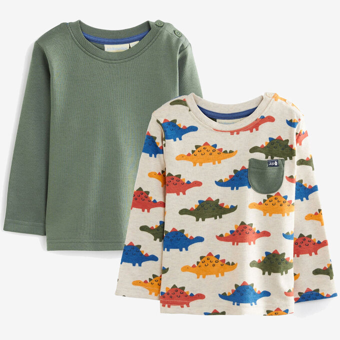 英國 JoJo Maman BeBe 幼/兒童100%純棉長袖上衣2件組(可當內搭)_彩虹恐龍_JJL1539