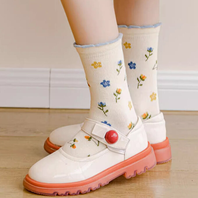 【腳ㄚ子】幼/兒童棉質中筒襪_黃色酢醬草_ilbG008