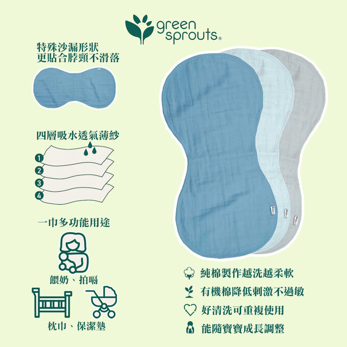 美國 green sprouts 小綠芽100%有機棉四層細紗布拍嗝巾/枕巾3入組_純白組_GS110100-WS