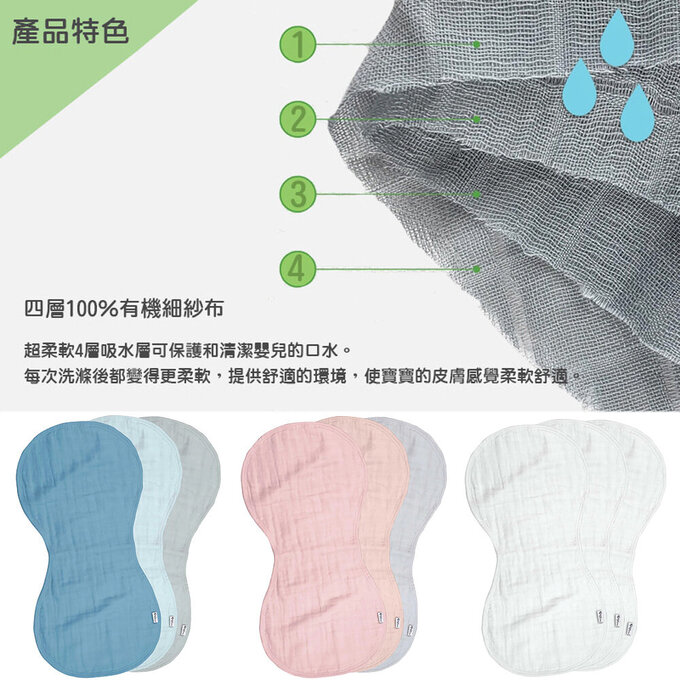 美國 green sprouts 小綠芽100%有機棉四層細紗布拍嗝巾/枕巾3入組_寧靜藍_GS110100-BLS