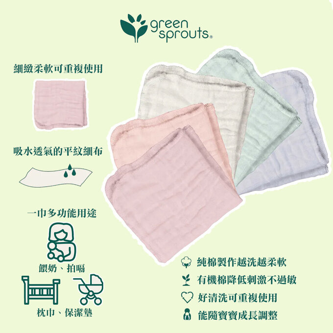美國 green sprouts 小綠芽100%有機棉細紗布 毛巾/洗澡巾/方巾/手帕等多功能使用 5入組_寶寶藍_GS190190-BLS