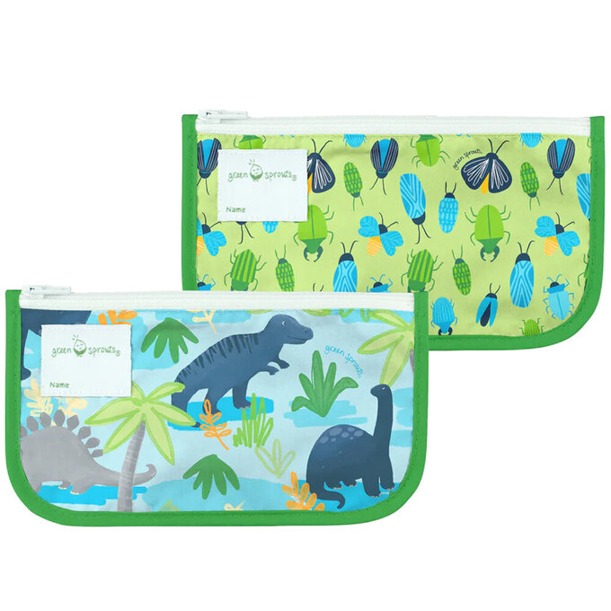 美國 green sprouts 小綠芽可重複使用食物袋、零食袋或小物收納袋(固齒器/奶嘴) 2入組_恐龍叢林_GS165374-AG