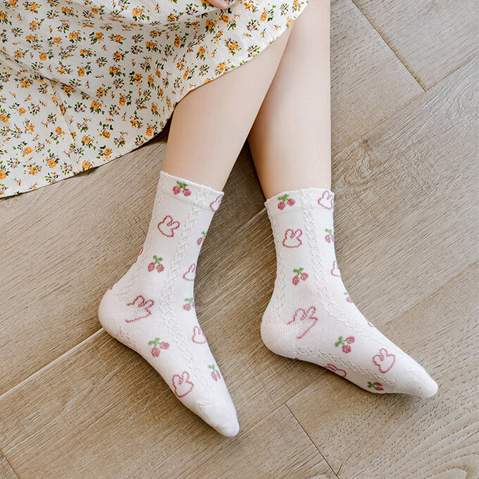 【腳ㄚ子】幼/兒童棉質中筒襪_草莓兔兔_ilbG016