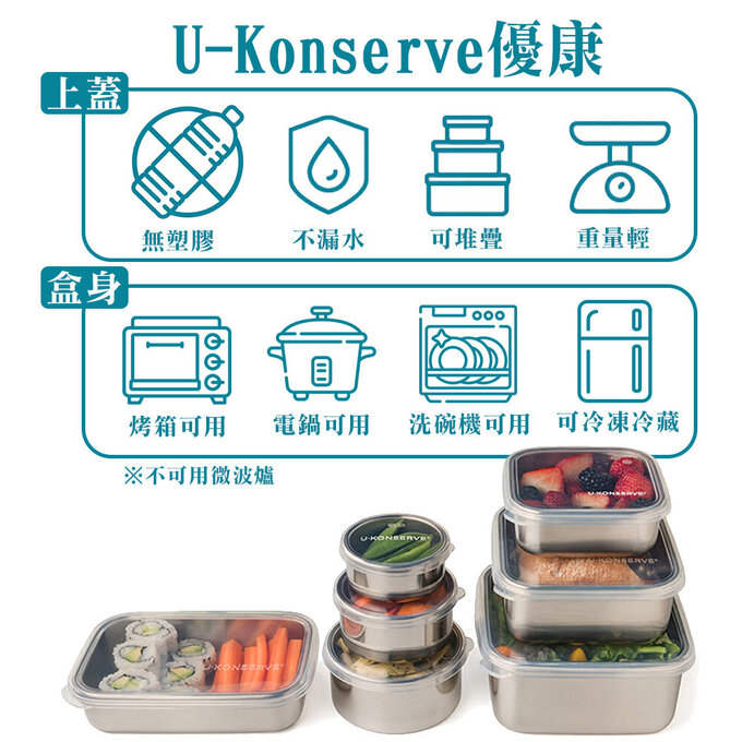 美國優康 U-Konserve 通過 LFGB 食品安全等級認證 / CPSIA 檢驗不鏽鋼便當盒 1350ml_島青色_UKR003
