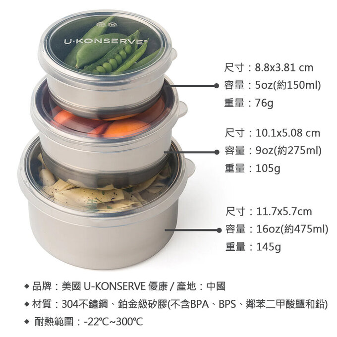 美國優康 U-Konserve 通過 LFGB 食品安全等級認證 / CPSIA 檢驗不鏽鋼便當盒三入組_透明_UKC001