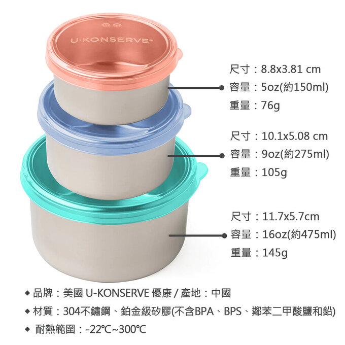 美國優康 U-Konserve 通過 LFGB 食品安全等級認證 / CPSIA 檢驗不鏽鋼便當盒三入組_熱帶天空_UKC002