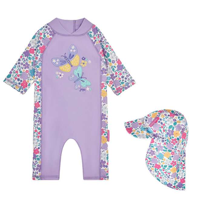 【超優惠套組】 英國 JoJo Maman BeBe 連身式泳裝+防曬護頸遮陽帽_JJG019