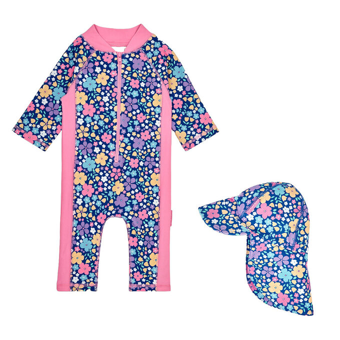 【超優惠套組】 英國 JoJo Maman BeBe 連身式泳裝+防曬護頸遮陽帽_JJG020