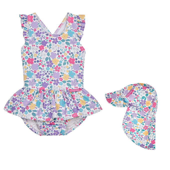 【超優惠套組】 英國 JoJo Maman BeBe 連身式泳裝(內有尿布褲)+防曬護頸遮陽帽_JJG021