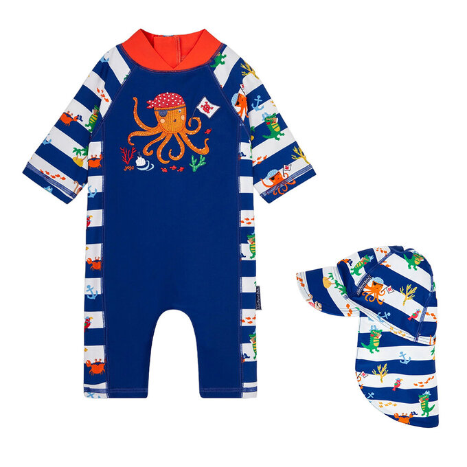 【超優惠套組】 英國 JoJo Maman BeBe 連身式泳裝+防曬護頸遮陽帽_JJB013