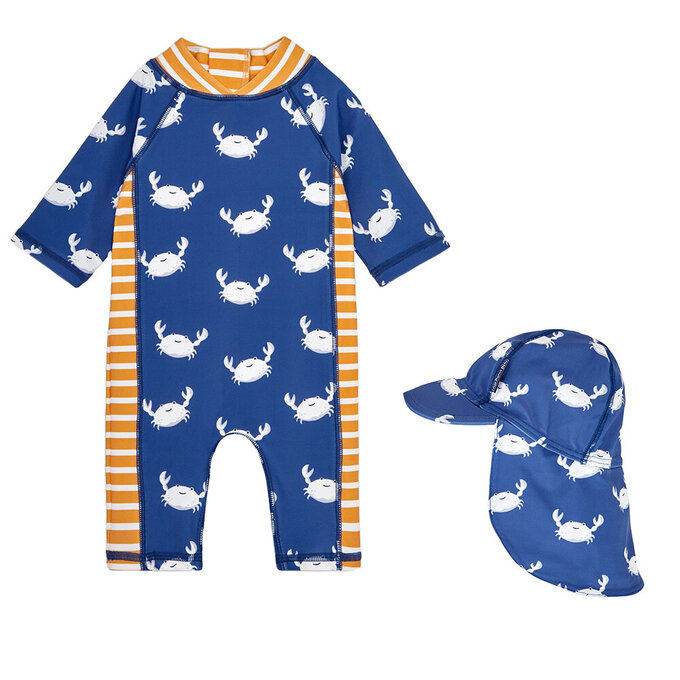 【超優惠套組】 英國 JoJo Maman BeBe 連身式泳裝+防曬護頸遮陽帽_JJB014