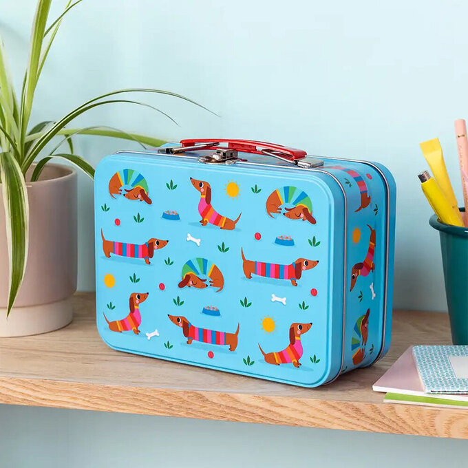 英國 Rex London 手提式文具專用鐵盒、家庭置物盒(不鏽鋼）_臘腸狗玩耍_RL30840