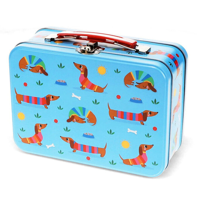 英國 Rex London 手提式文具專用鐵盒、家庭置物盒(不鏽鋼）_臘腸狗玩耍_RL30840
