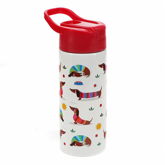 英國 Rex London 手提不鏽鋼兩用保溫/保冷彈蓋式水瓶(附吸管)_臘腸狗玩耍(500ml)_RL30964