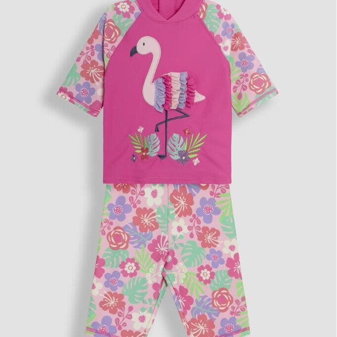 英國 JoJo Maman BeBe 嬰幼兒/兒童兩件式防曬泳裝_火烈鳥_JJL5460