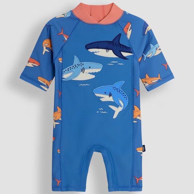 英國 JoJo Maman BeBe 嬰幼兒/兒童連身式防曬泳裝_鯊魚群_JJL5501