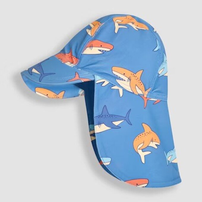 英國 JoJo Maman BeBe 嬰幼兒/兒童泳裝戲水UPF50+防曬護頸遮陽帽_鯊魚群_JJL5506