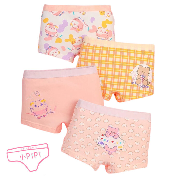 【小pipi】純棉兒童四角平口內褲4件組_女童_開心貓_PG4007