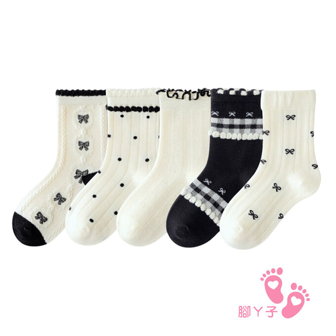 【腳ㄚ子】幼/兒童棉質中筒襪_黑白蝴蝶結_ilbG021