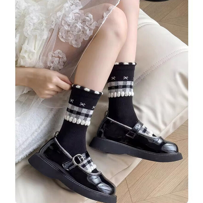 【腳ㄚ子】幼/兒童棉質中筒襪_黑白蝴蝶結_ilbG021