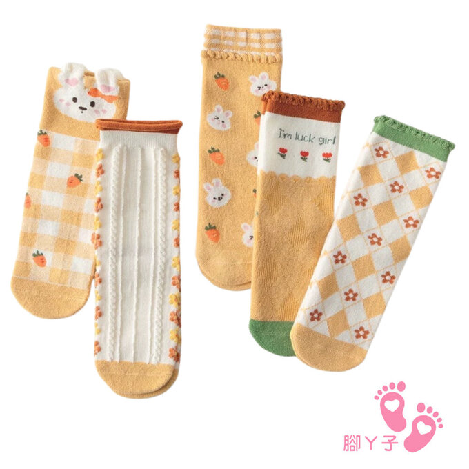 【腳ㄚ子】幼/兒童棉質中筒襪_黃格花兔_ilbG024