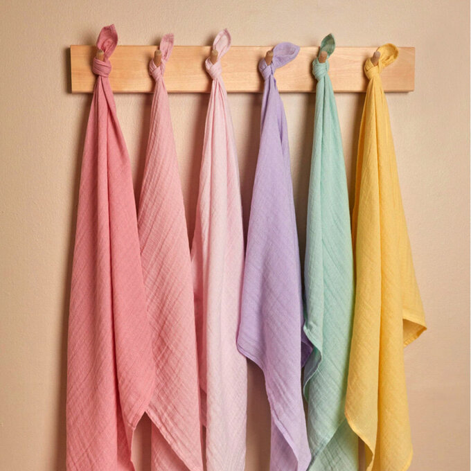 英國 JoJo Maman BeBe 100% 純棉多功能細紗布方巾/包巾/小薄被/拍嗝巾/安撫巾 6入禮盒組(60*60cm)_粉彩組_JJH5897