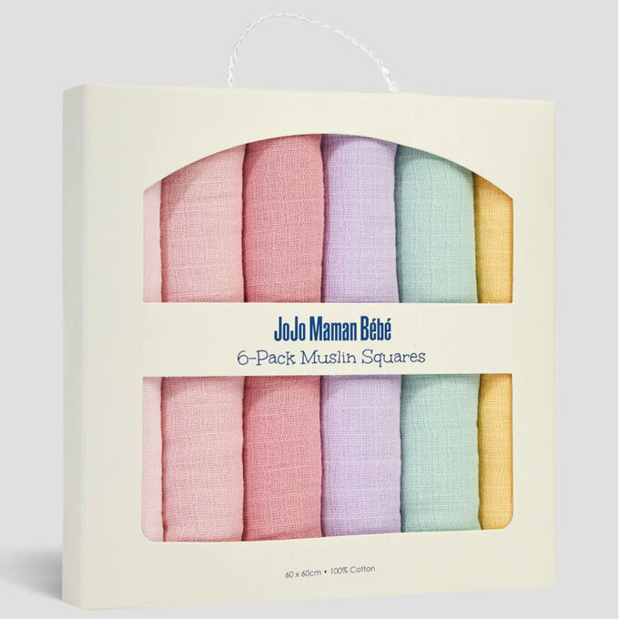 英國 JoJo Maman BeBe 100% 純棉多功能細紗布方巾/包巾/小薄被/拍嗝巾/安撫巾 6入禮盒組(60*60cm)_粉彩組_JJH5897
