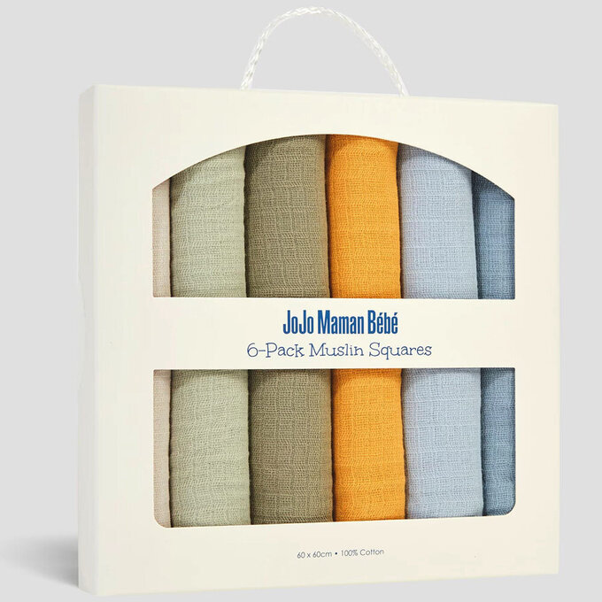 英國 JoJo Maman BeBe 100% 純棉多功能細紗布方巾/包巾/小薄被/拍嗝巾/安撫巾 6入禮盒組(60*60cm)_彩色組_JJH5898