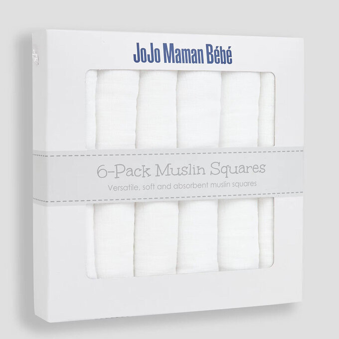 英國 JoJo Maman BeBe 100% 純棉多功能細紗布方巾/包巾/小薄被/拍嗝巾/安撫巾 6入禮盒組(60*60cm)_純白_JJH5899