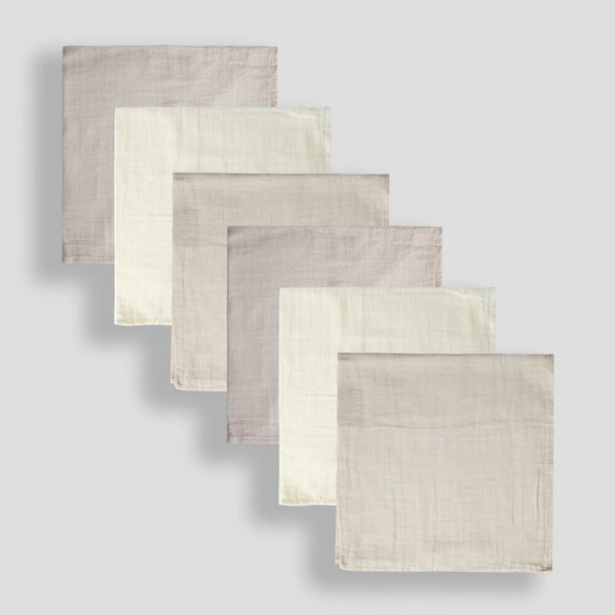 英國 JoJo Maman BeBe 100% 純棉多功能細紗布方巾/包巾/小薄被/拍嗝巾/安撫巾 6入禮盒組(60*60cm)_棕色_JJH6584