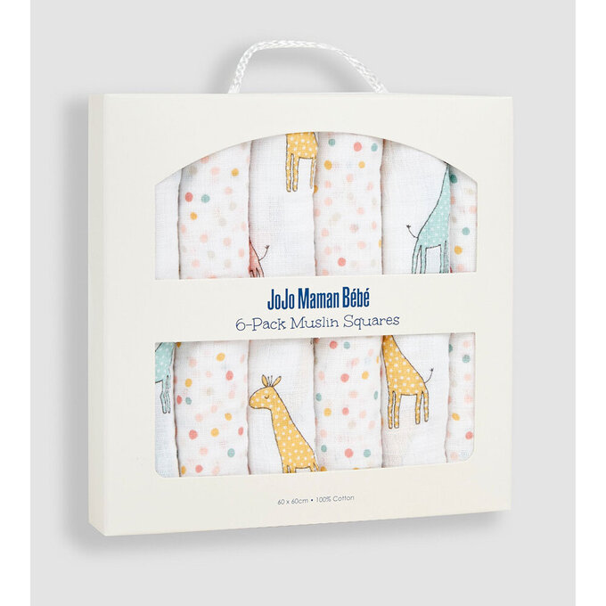 英國 JoJo Maman BeBe 100% 純棉多功能細紗布方巾/包巾/小薄被/拍嗝巾/安撫巾 6入禮盒組(60*60cm)_粉色長頸鹿_JJH5900