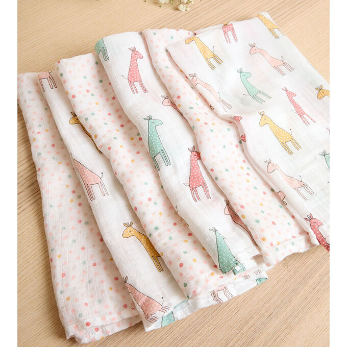 英國 JoJo Maman BeBe 100% 純棉多功能細紗布方巾/包巾/小薄被/拍嗝巾/安撫巾 6入禮盒組(60*60cm)_粉色長頸鹿_JJH5900