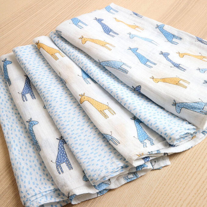 英國 JoJo Maman BeBe 100% 純棉多功能細紗布方巾/包巾/小薄被/拍嗝巾/安撫巾 6入禮盒組(60*60cm)_藍色長頸鹿_JJH5901