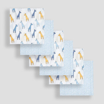 英國 JoJo Maman BeBe 100% 純棉多功能細紗布方巾/包巾/小薄被/拍嗝巾/安撫巾 6入禮盒組(60*60cm)_藍色長頸鹿_JJH5901-