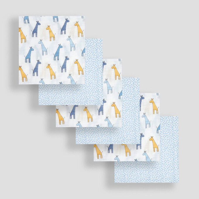英國 JoJo Maman BeBe 100% 純棉多功能細紗布方巾/包巾/小薄被/拍嗝巾/安撫巾 6入禮盒組(60*60cm)_藍色長頸鹿_JJH5901