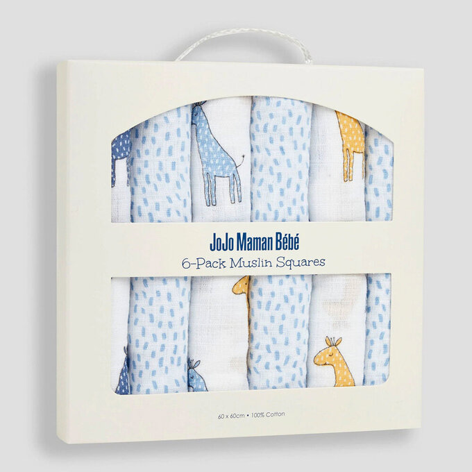 英國 JoJo Maman BeBe 100% 純棉多功能細紗布方巾/包巾/小薄被/拍嗝巾/安撫巾 6入禮盒組(60*60cm)_藍色長頸鹿_JJH5901