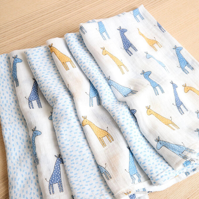 英國 JoJo Maman BeBe 100% 純棉多功能細紗布方巾/包巾/小薄被/拍嗝巾/安撫巾 6入禮盒組(60*60cm)_藍色長頸鹿_JJH5901