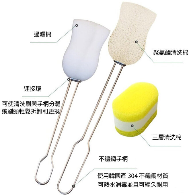 正韓 hibee 多用途不鏽鋼手柄夾海棉瓶刷套裝組_HOB003